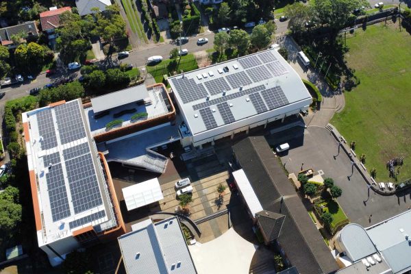 Aerial shot of the commercial solar power project for St Augustines College in Brookvale.