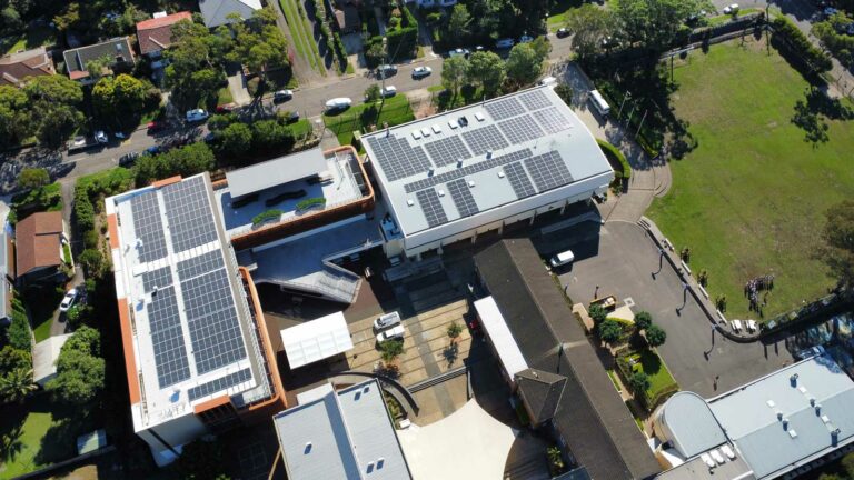 Aerial shot of the commercial solar power project for St Augustines College in Brookvale.