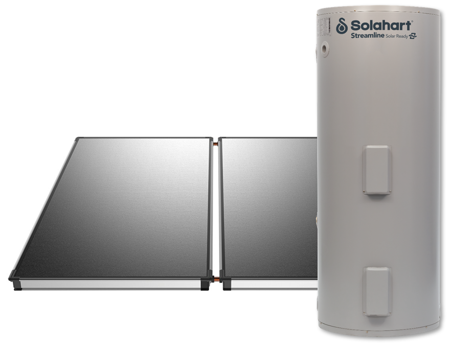 Solahart Streamline solar-ready hot water system pictured with rooftop solar collectors